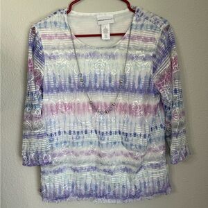 Alfred Dunner Women's Striped Lace Top - Purple, Pink, White